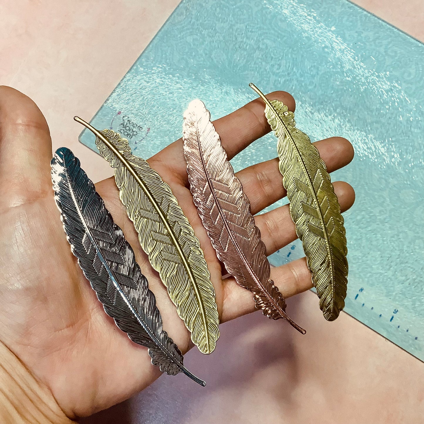 Feather Deco embossed metal bookmark