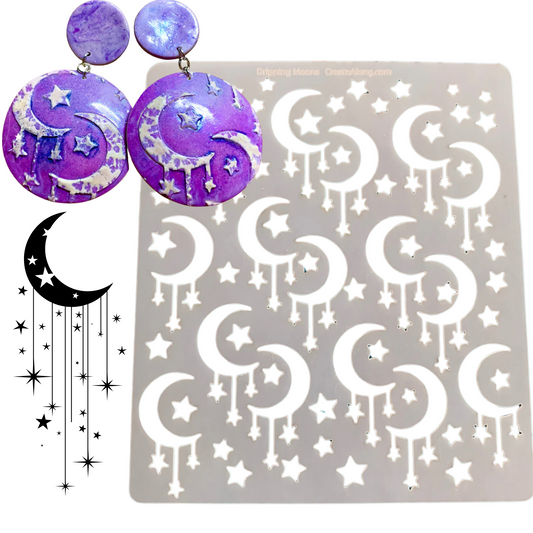 Dripping Moons and Stars Mylar Stencil texture sheet for polymer clay earrings art jewelry mixed media