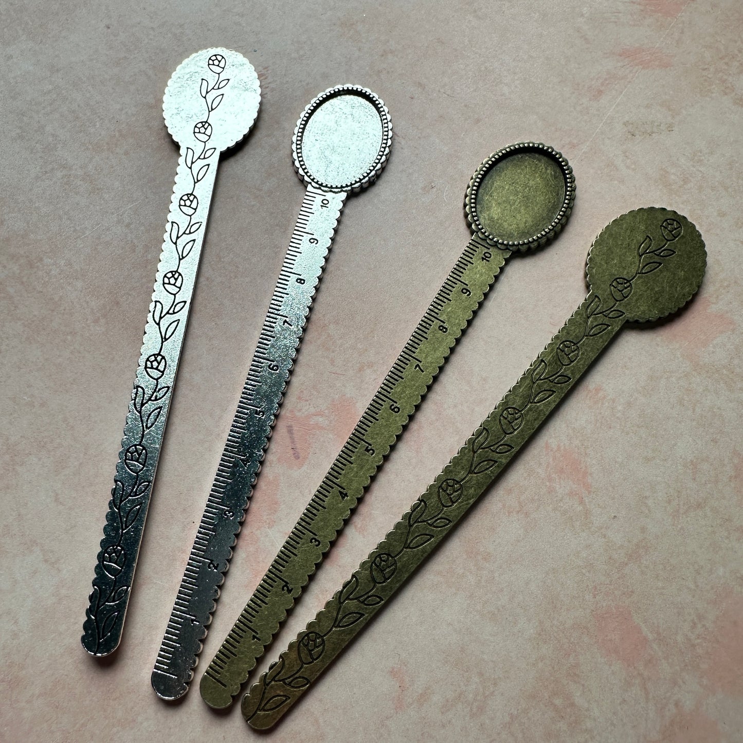 Metal bookmark with cabochon inset and ruler