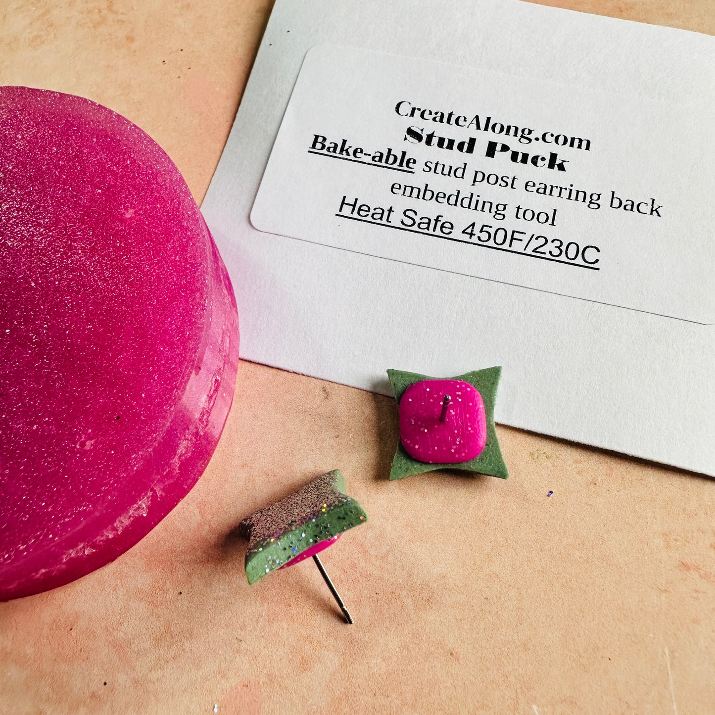Stud Puck™ - polymer clay stud earring post earring back embedding tool by CreateAlong