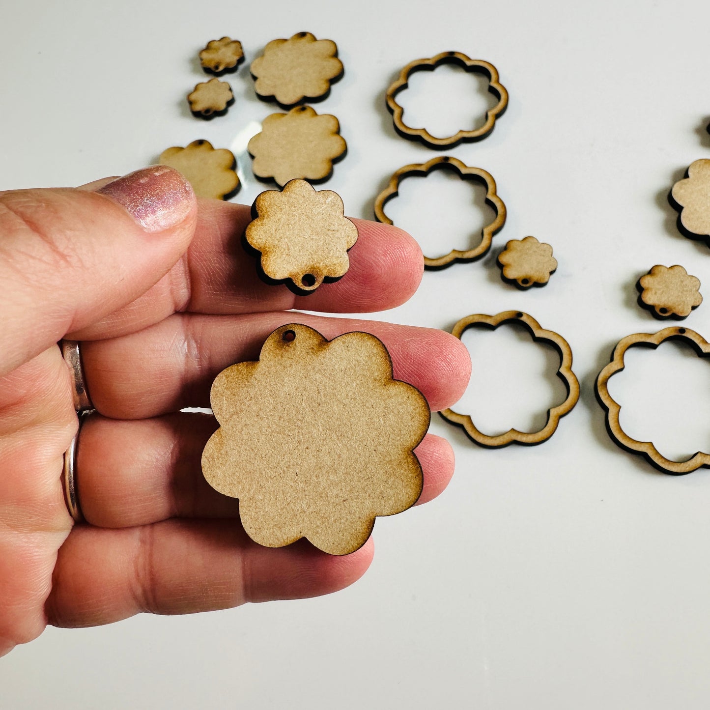 8 petal flower rings 6 pairs Wood MDF Mixed media blanks Earring Components