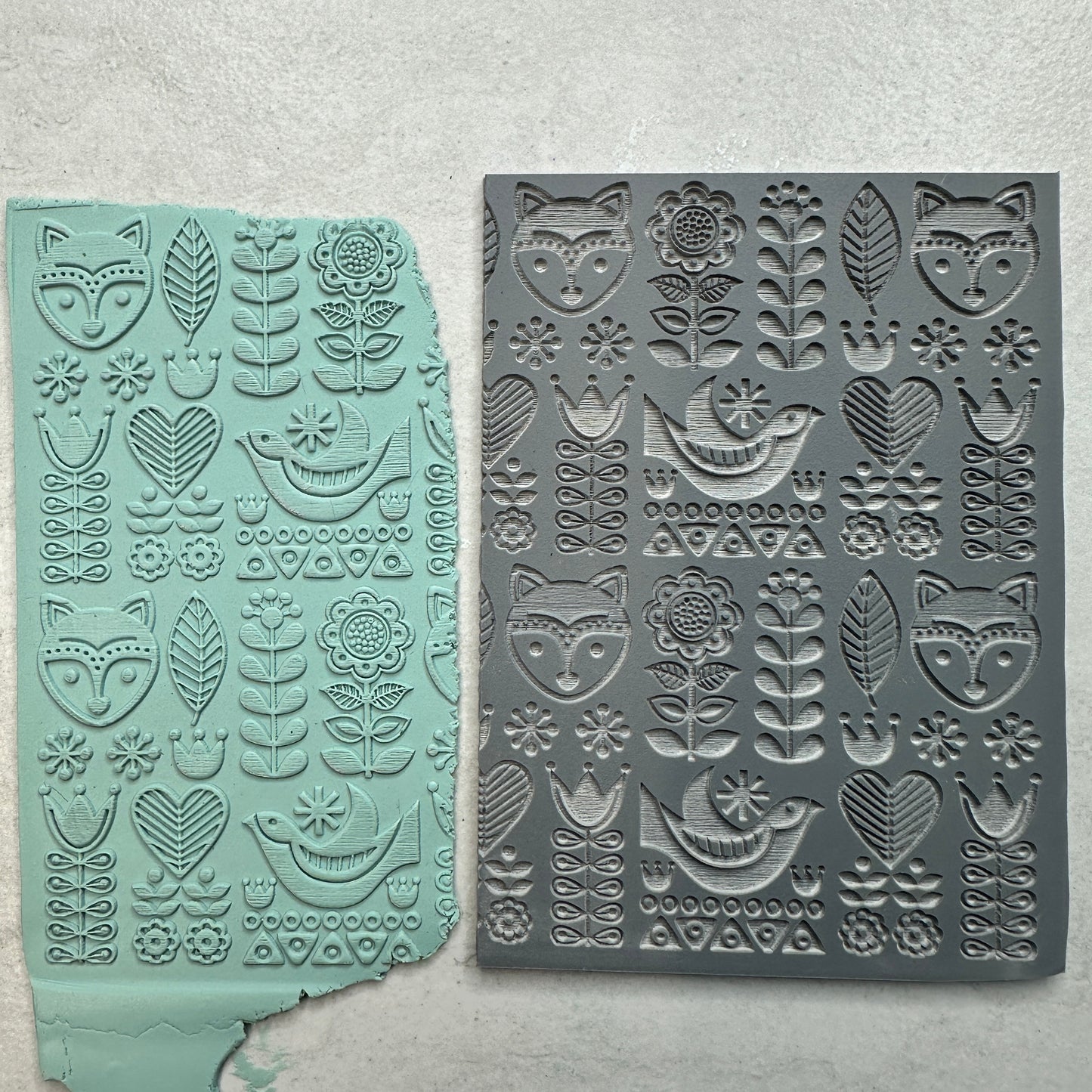 Fox Folk Art Polymer Clay Stamp – 3x4 Inch Rubber Texture