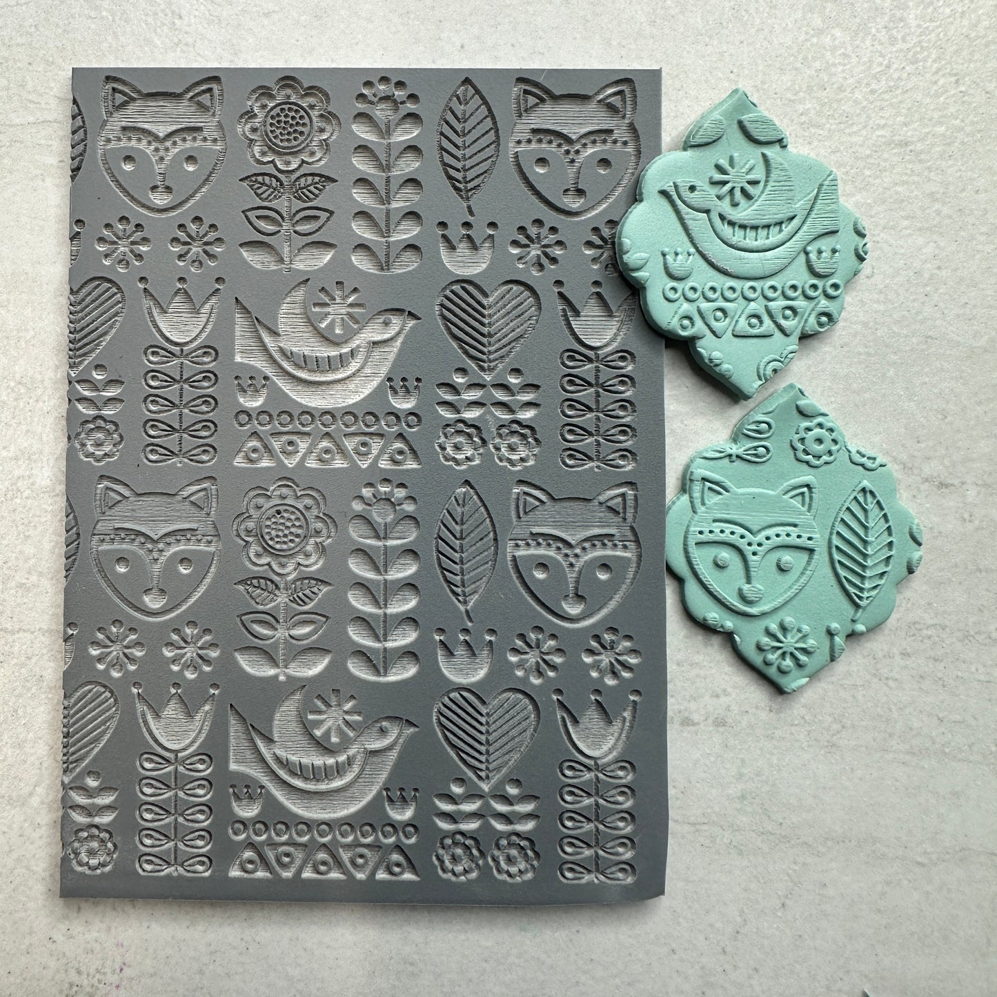 Fox Folk Art Polymer Clay Stamp – 3x4 Inch Rubber Texture