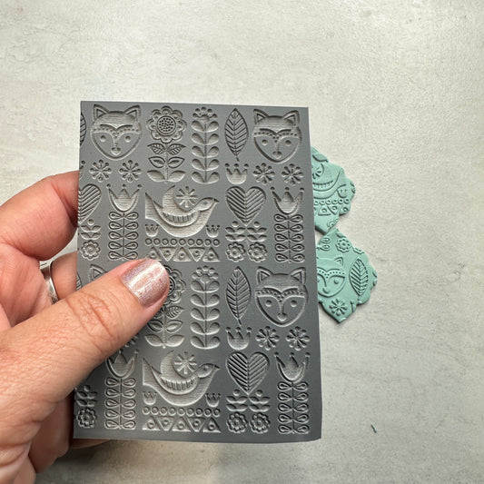 Fox Folk Art Polymer Clay Stamp – 3x4 Inch Rubber Texture