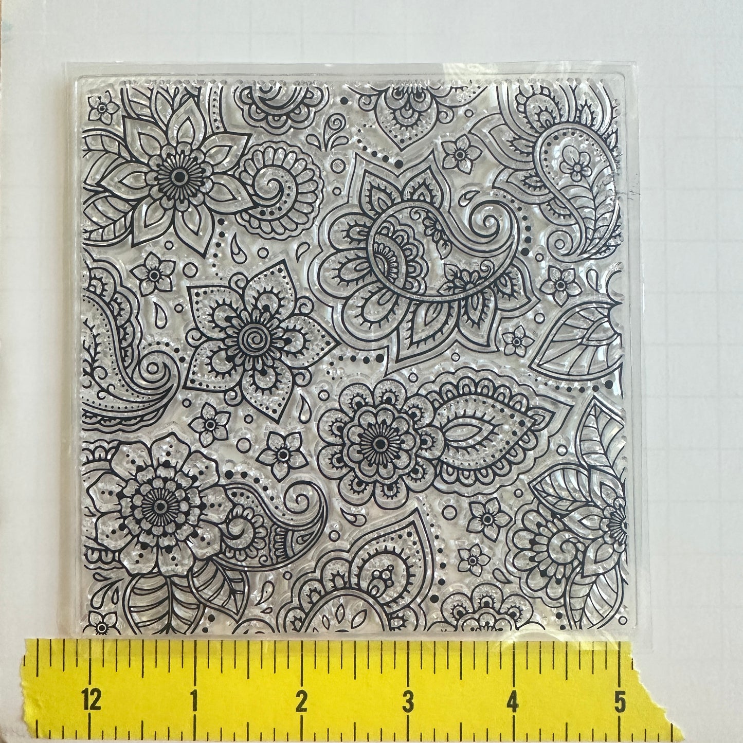 Square Paisley Flowers Polymer Clay Stamp – 5x5 Inch Jumbo Clear Texture