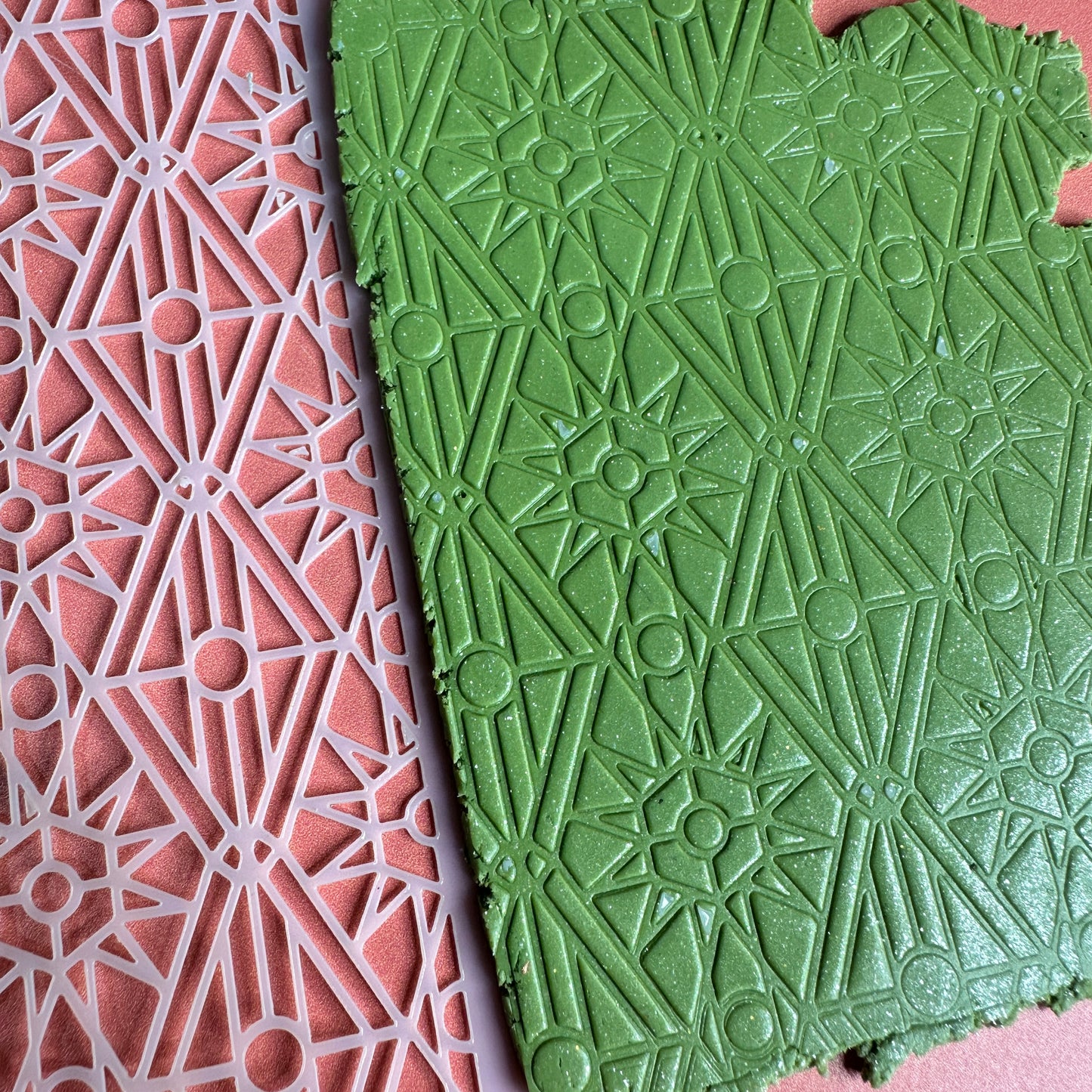 Sacred Shrine Polymer Clay Stencil – 5x5 Inch Mylar Texture Sheet | Stained Glass Geometric Design
