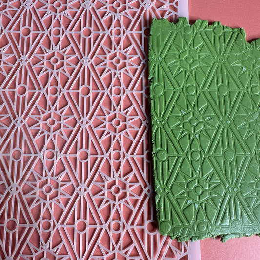 Sacred Shrine Polymer Clay Stencil – 5x5 Inch Mylar Texture Sheet | Stained Glass Geometric Design