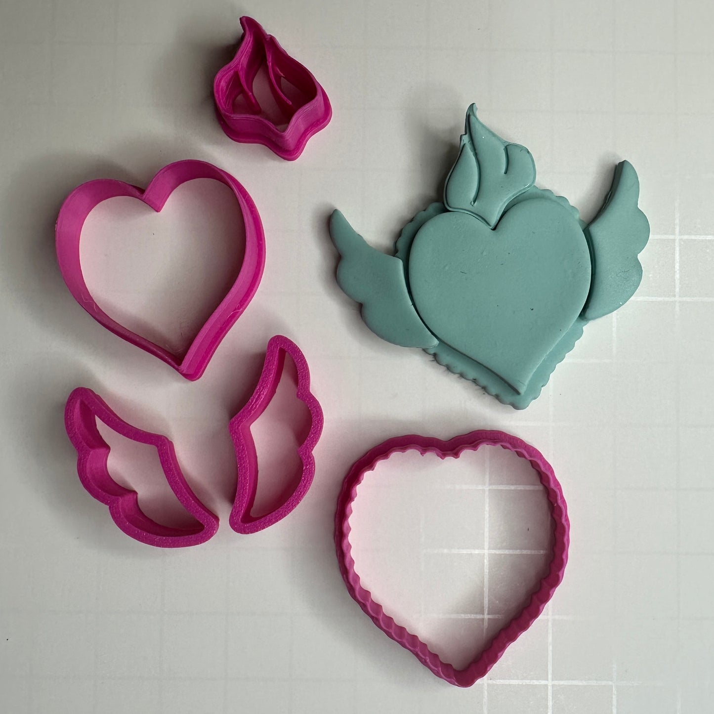 Winged Milagro Flaming Heart Polymer Clay Cutter Set – 5 Piece Set | Stackable Hearts, Wings & Flame | 2 Sizes