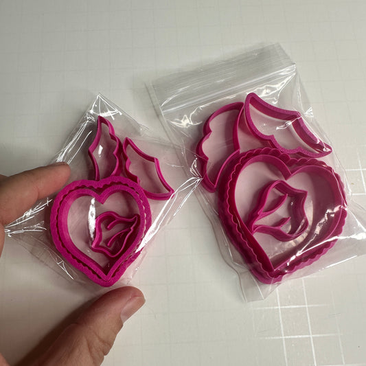 Winged Milagro Flaming Heart Polymer Clay Cutter Set – 5 Piece Set | Stackable Hearts, Wings & Flame | 2 Sizes