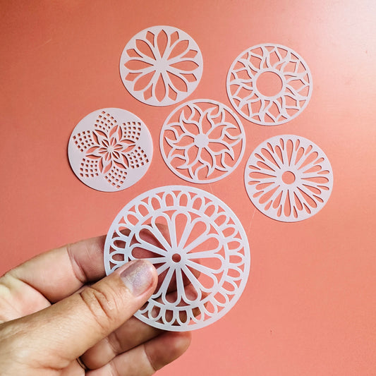 Pocket Full of Posies Stencil Set – 6-Piece 2.5" Floral Mandala Stencils for Earrings, Pendants, Coasters and Clay trading coins