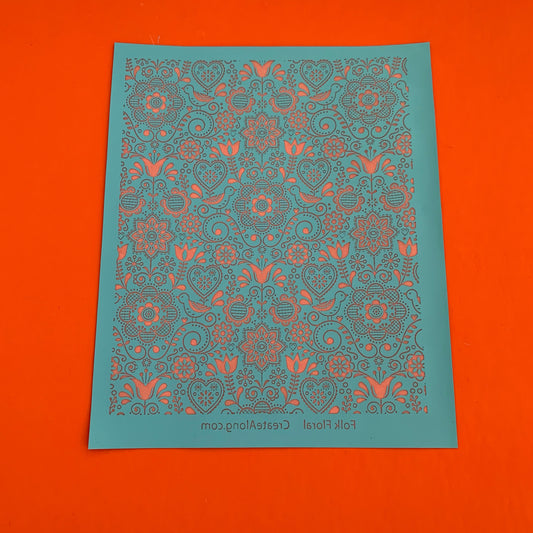 Silkscreen Stencil Folk Floral botanical for Polymer Clay and Mixed Media