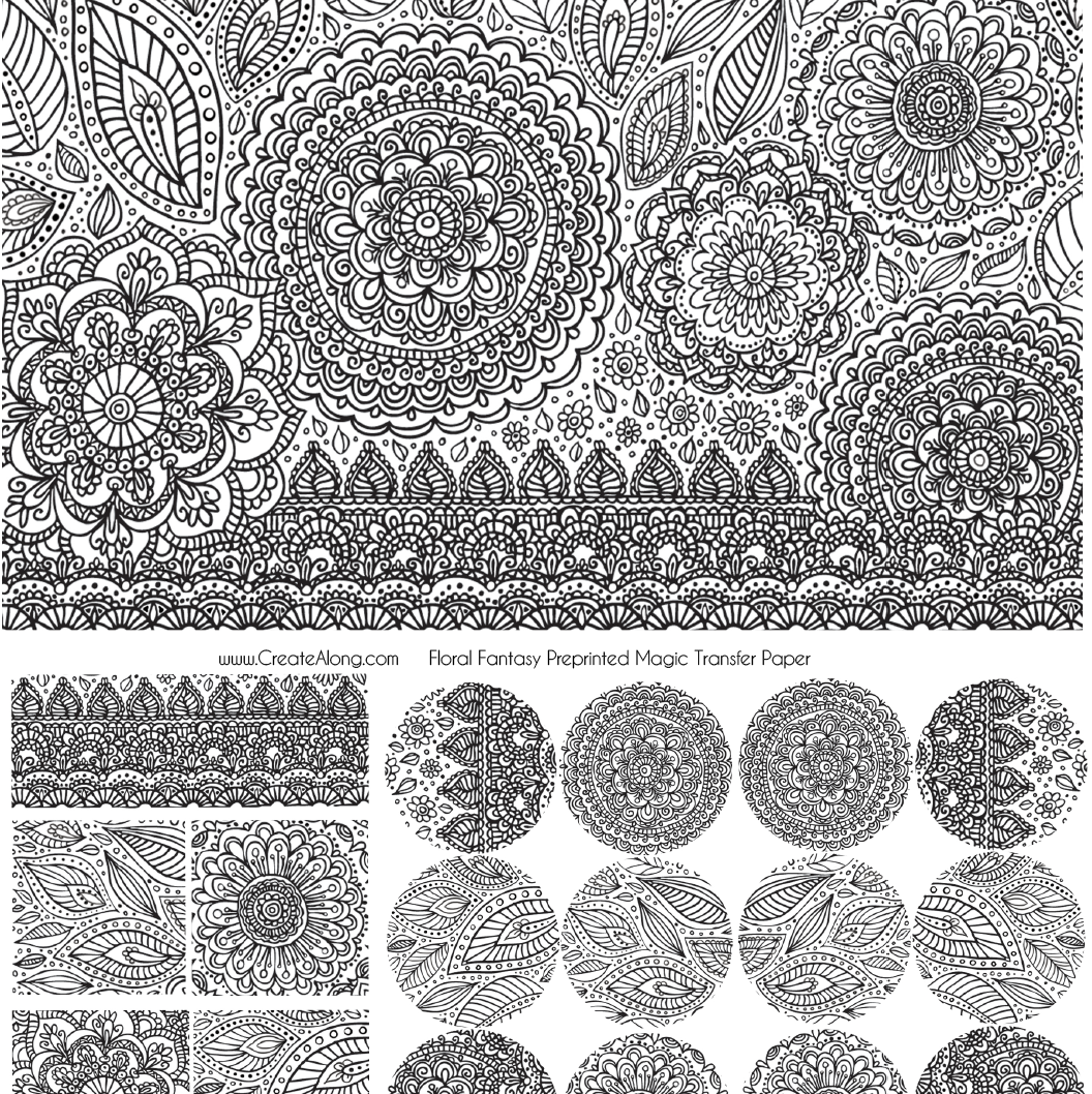Digital Floral Fantasy Image Transfer PDF for creating images on raw polymer clay and for use with Magic Transfer Paper