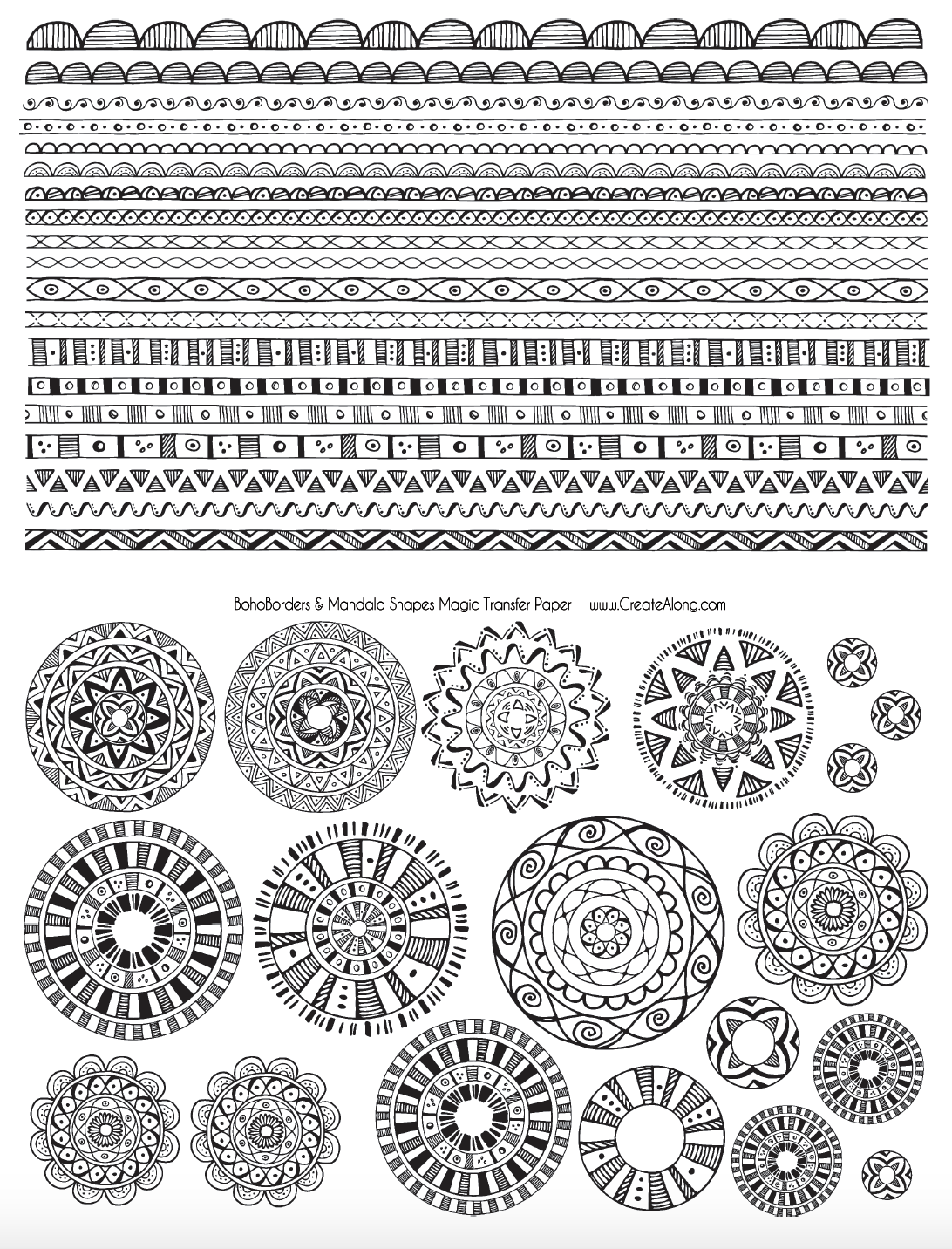 Digital Boho Borders & Mandala Shapes Image Transfer PDF for creating images on raw polymer clay and for use with Magic Transfer Paper