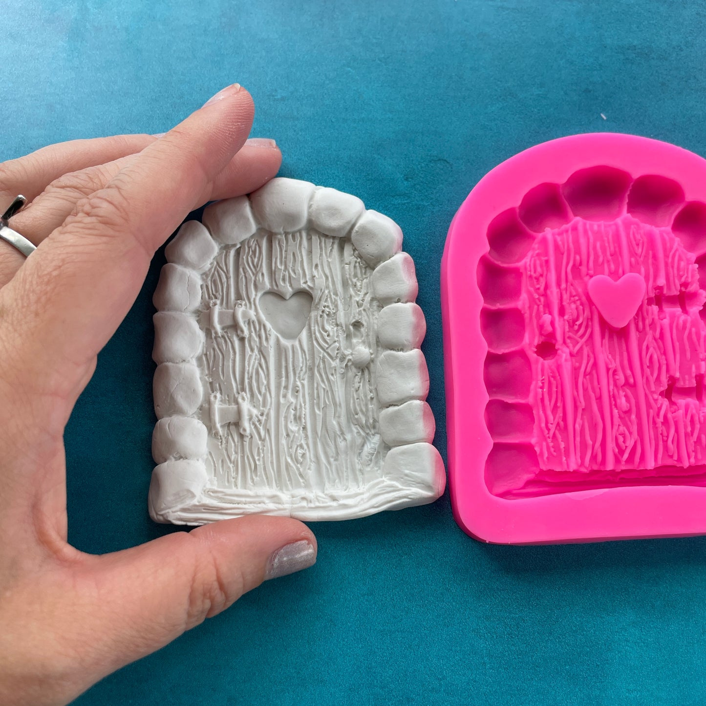 Polymer Clay Mold Classic wooden Fairy Door with heart window and stone border