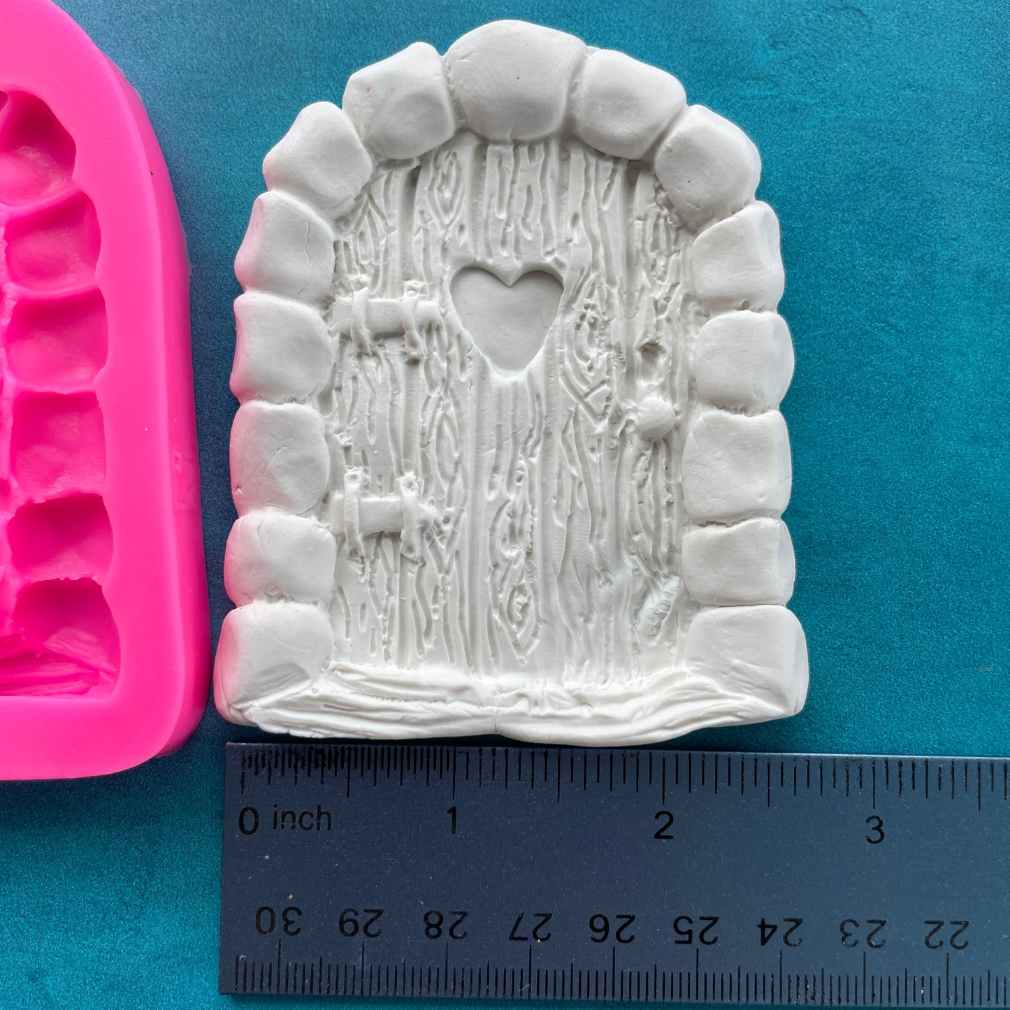 Polymer Clay Mold Classic wooden Fairy Door with heart window and stone border