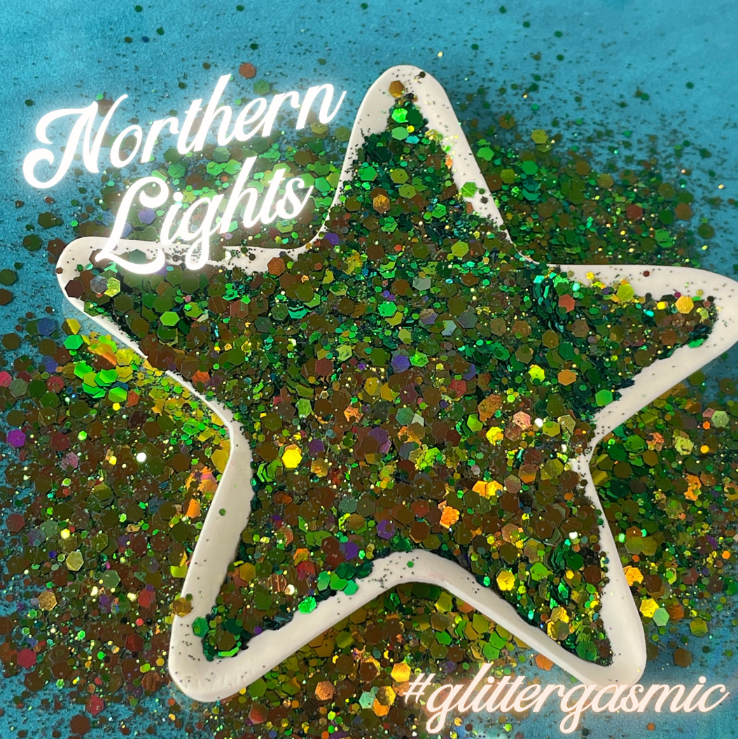 Northern Lights chunky green gold holo Glitter for pens candles earrings clay resin mugs slime tumblers nail art 2 oz