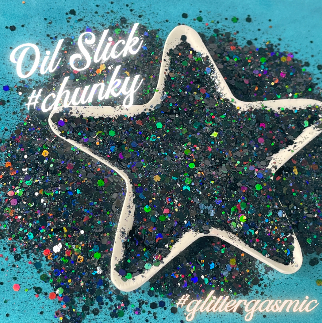 Oil Slick black holographic Chunky Glitter for pens candles earrings clay resin mugs slime tumblers nail art 2 oz