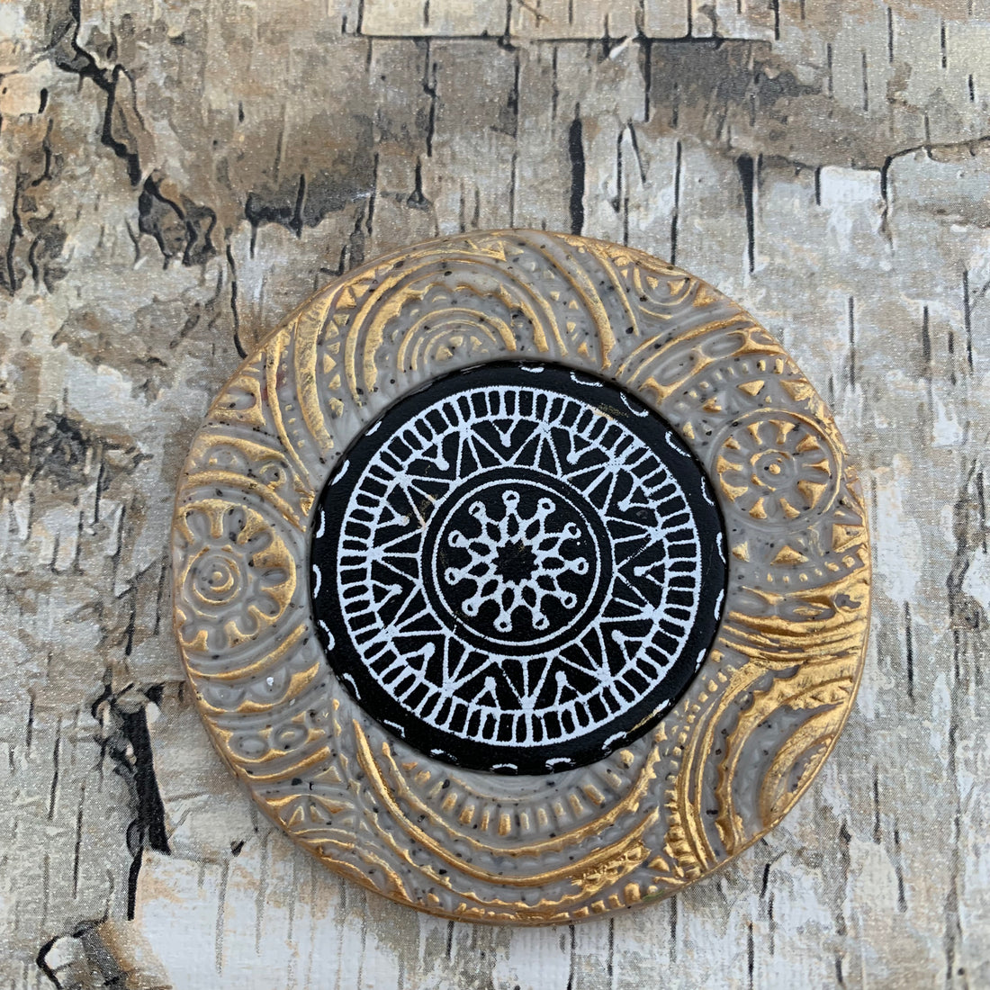 Year of Veneer- textured and silkscreen polymer clay mandala trading coins