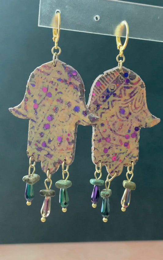 How to make glitter polymer clay uv resin dangling drops hamsa earrings