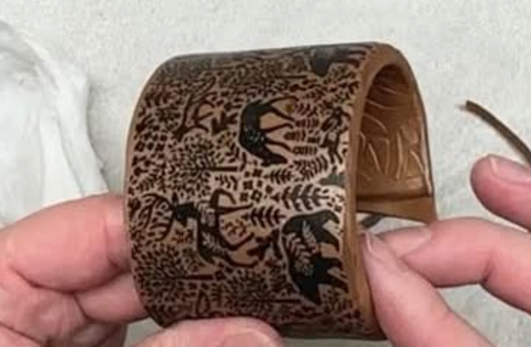 How to make a polymer clay cuff bracelet with silkscreen and stencil woodland floral bear fox deer