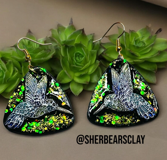 How to make a pair of clay earrings with raised stamp hummingbird design