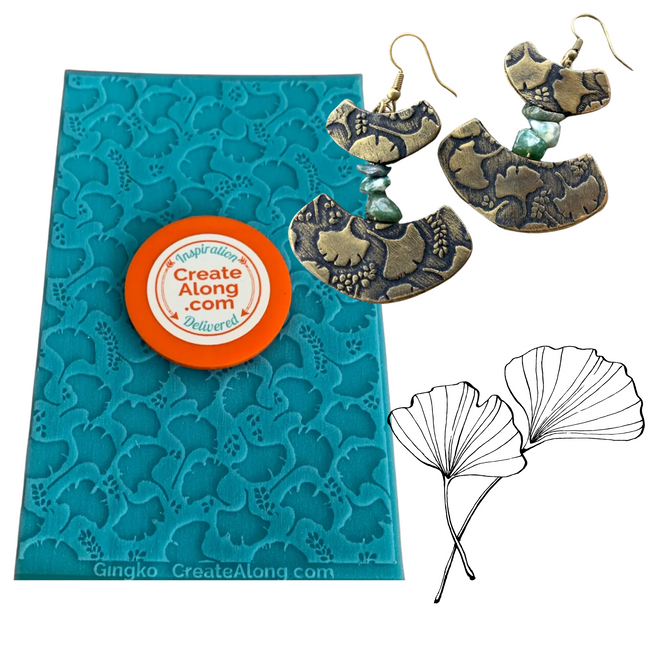 Ginkgo Texture Mat Silicone rubber Stamp for polymer clay paper Gelli plate and resin - Create Along 