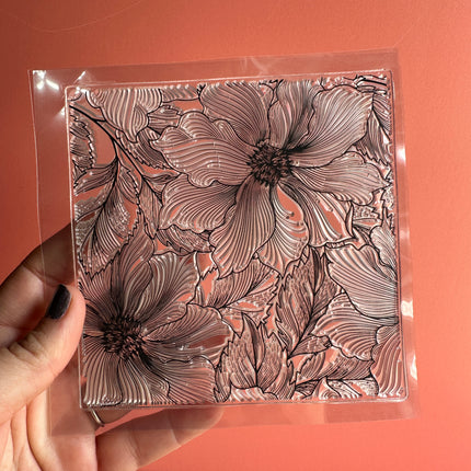 Fancy Handdrawn Flower Square Zen tangle inspired clear rubber stamp clay texture - Create Along 