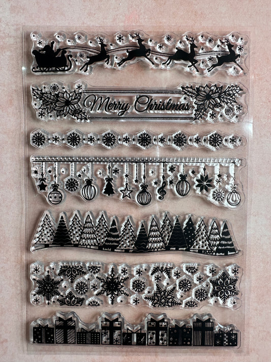 Santa's Sleigh Merry Christmas borders rubber stamp