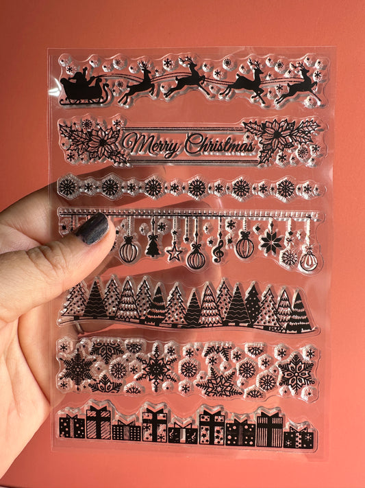 Santa's Sleigh Merry Christmas borders rubber stamp