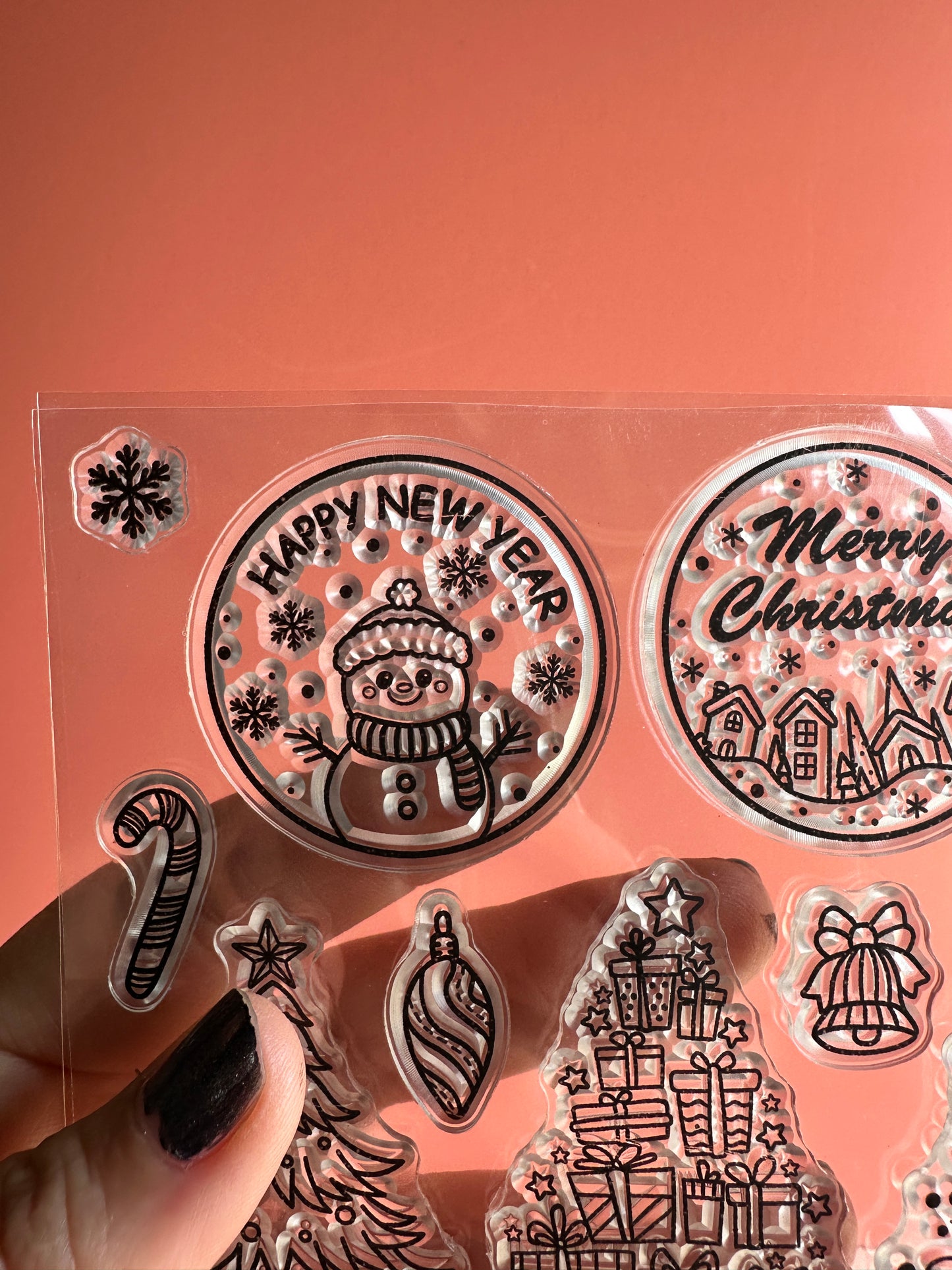 Round Merry Christmas and trees rubber stamp set