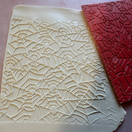 Cobwebs spider web polymer clay rubber stamp texture mat Halloween - Create Along 