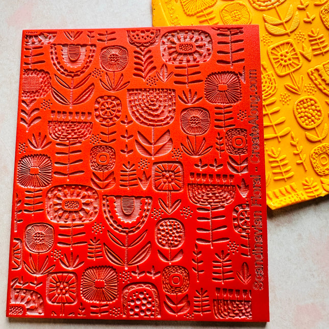 Scandi Flowers Rubber Stamp polymer clay texture sheet - Create Along 