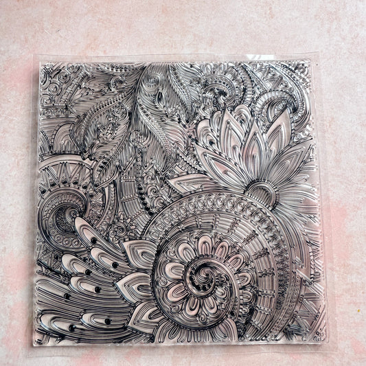 Doodle Flower Square Mandala Zen tangle inspired clear rubber stamp clay texture