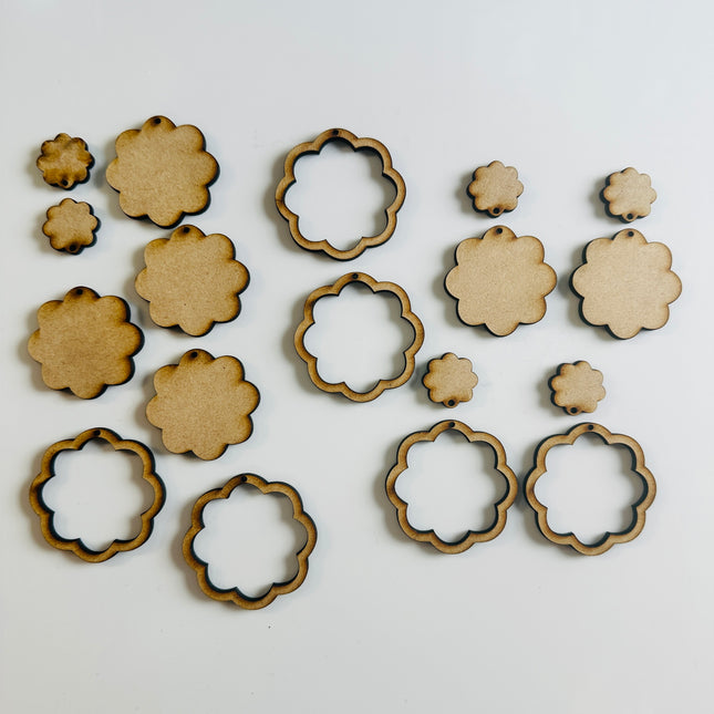 8 petal flower rings 6 pairs Wood MDF Mixed media blanks Earring Components - Create Along 