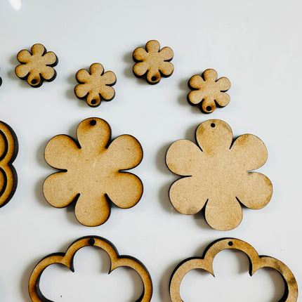 6 petal flower Rings 6 pairs Wood MDF Mixed media blanks Earring Components - Create Along 