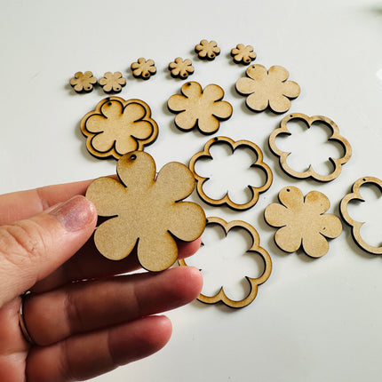 6 petal flower Rings 6 pairs Wood MDF Mixed media blanks Earring Components - Create Along 