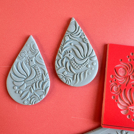 Peacocks Folk Art polymer clay deco rubber stamp texture sheet - Create Along 