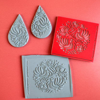 Peacocks Folk Art polymer clay deco rubber stamp texture sheet - Create Along 