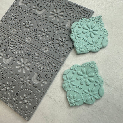 Floral Folk Art polymer clay rubber stamp texture sheet - Create Along 