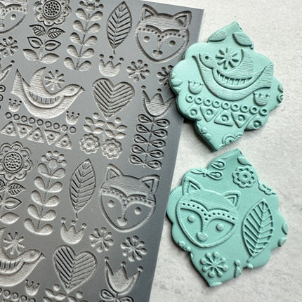 Fox Folk Art Polymer Clay Stamp – 3x4 Inch Rubber Texture - Create Along 