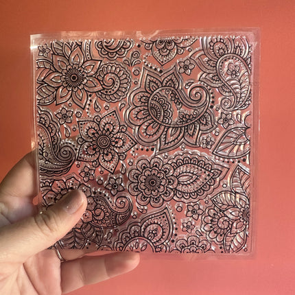 Square Paisley Flowers Polymer Clay Stamp – 5x5 Inch Jumbo Clear Texture - Create Along 