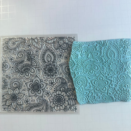 Square Paisley Flowers Polymer Clay Stamp – 5x5 Inch Jumbo Clear Texture - Create Along 