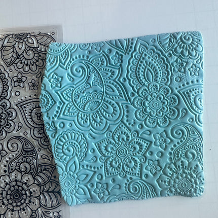 Square Paisley Flowers Polymer Clay Stamp – 5x5 Inch Jumbo Clear Texture - Create Along 