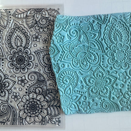 Square Paisley Flowers Polymer Clay Stamp – 5x5 Inch Jumbo Clear Texture - Create Along 