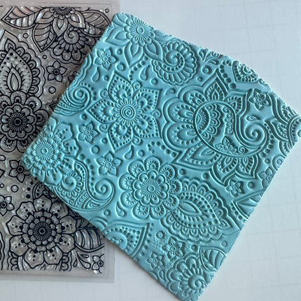 Square Paisley Flowers Polymer Clay Stamp – 5x5 Inch Jumbo Clear Texture - Create Along 