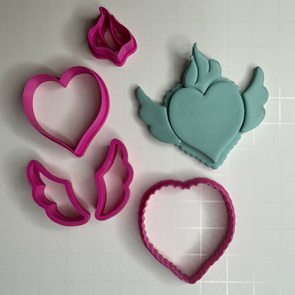 Winged Milagro Flaming Heart Polymer Clay Cutter Set – 5 Piece Set | Stackable Hearts, Wings & Flame | 2 Sizes - Create Along 