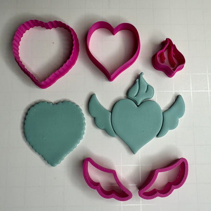 Winged Milagro Flaming Heart Polymer Clay Cutter Set – 5 Piece Set | Stackable Hearts, Wings & Flame | 2 Sizes - Create Along 