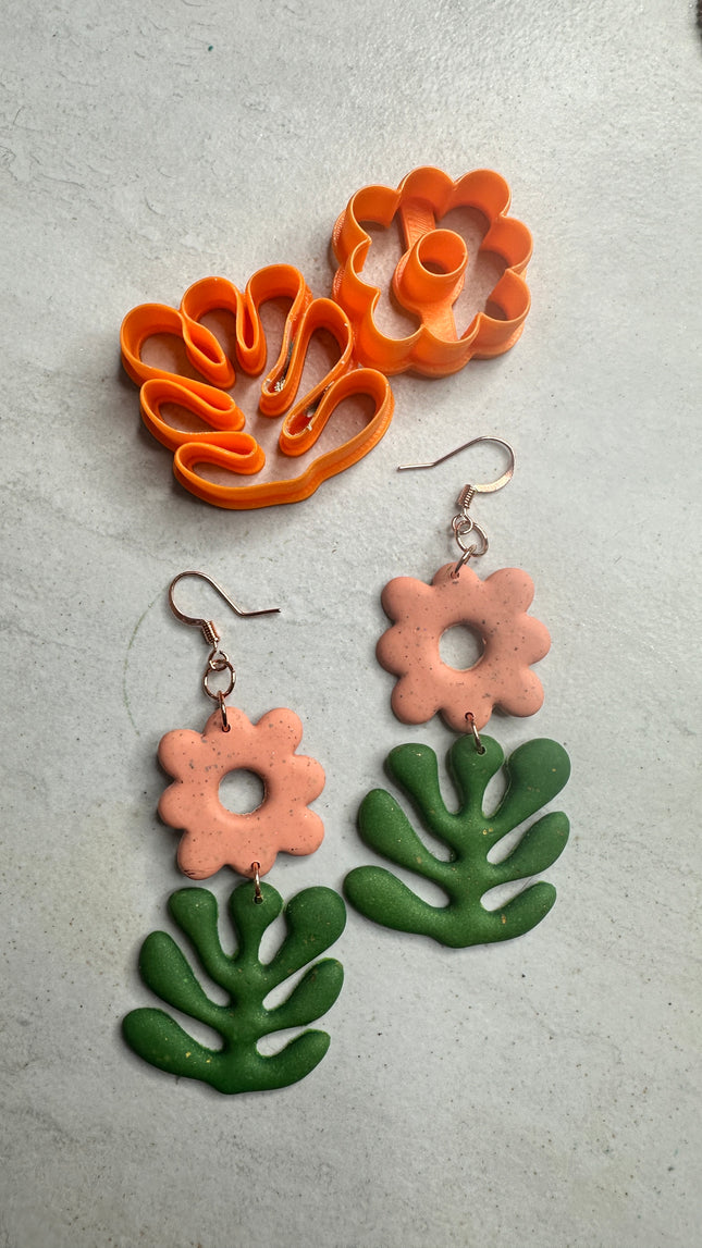 Floopy Flower Polymer Clay Cutter Set – 2-Piece Earring Cutter | Whimsical Flower + Abstract Leaf - Create Along 