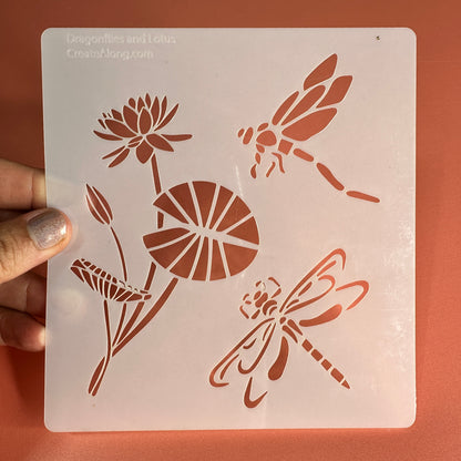 Dragonflies and Lotus Mylar crafting stencil - Create Along 