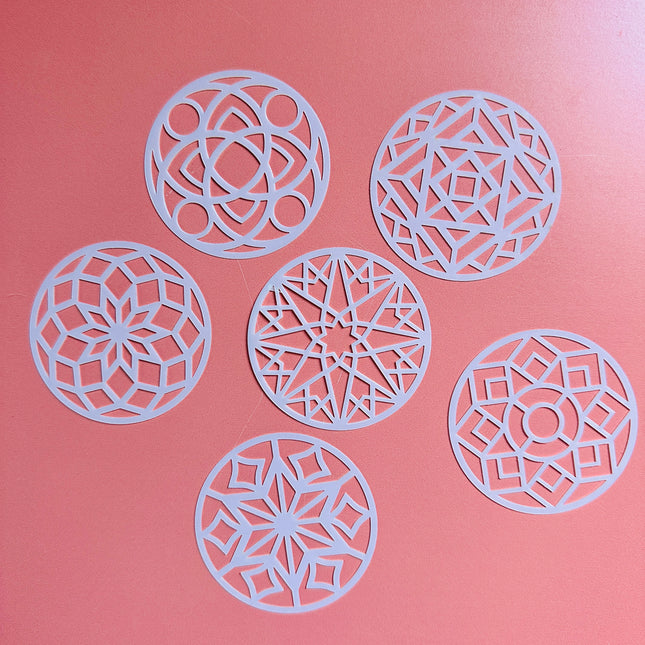 Stained Glass Mandala Stencil Set – 6 Round 2.5" Craftsman-Inspired Patterns for Polymer Clay coins, Earrings, Coasters & More - Create Along 